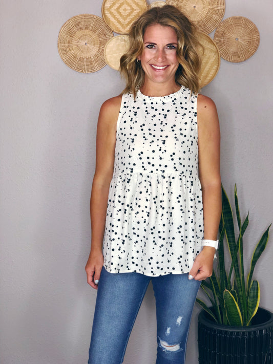 SPLASH DOT RUFFLE MOCK NECK TANK