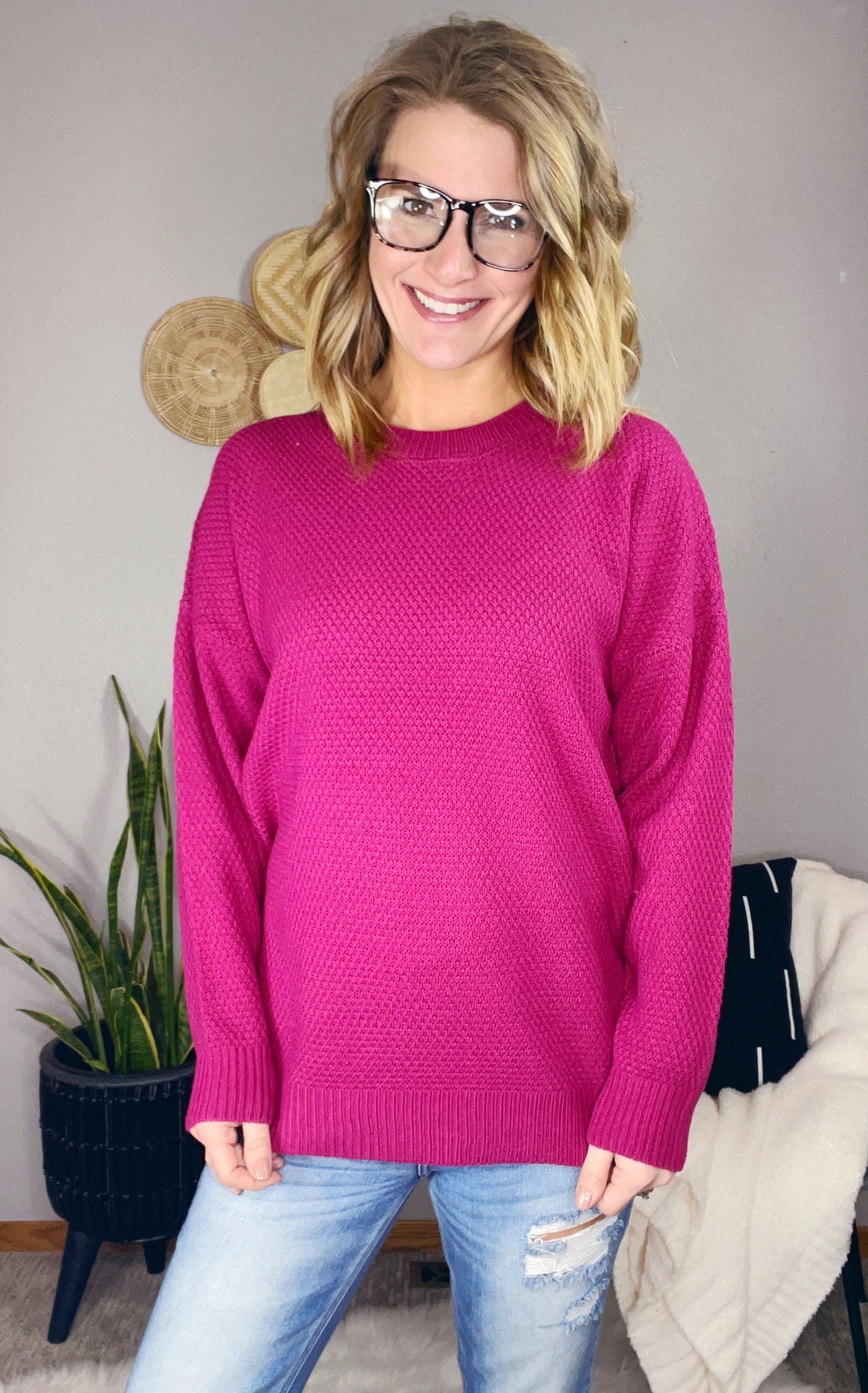 WAFFLE ROUND NECK BASIC SWEATER