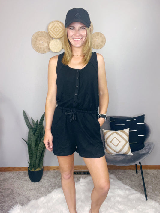 SOLID KNIT WAFFLE BLACK ROMPER