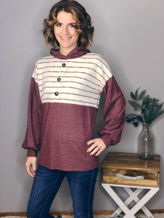 BUTTON FRONT STRIPE HOODIE