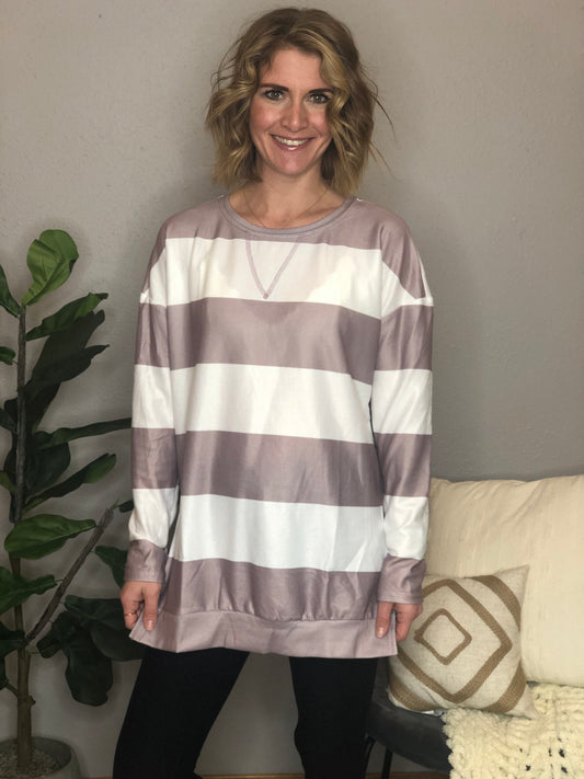 TAUPE STRIPE SIDE SLIT TOP