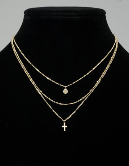 MULTI LAYER CROSS AND CIRCLE CHARM NECKLACE