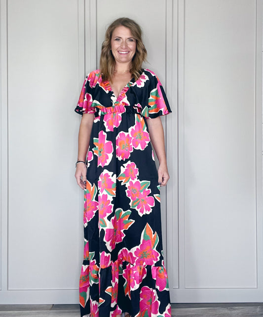 SATIN FLORAL MAXI DEEP V-NECK DRESS