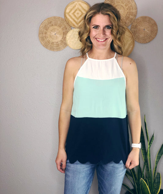 SCALLOP COLOR BLOCK HALTER TANK