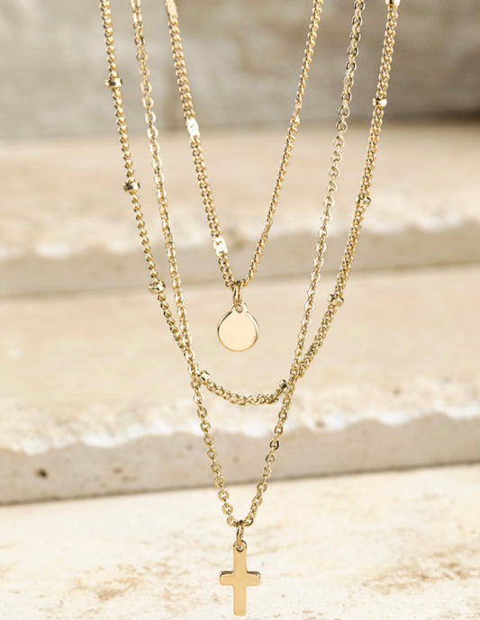 MULTI LAYER CROSS AND CIRCLE CHARM NECKLACE