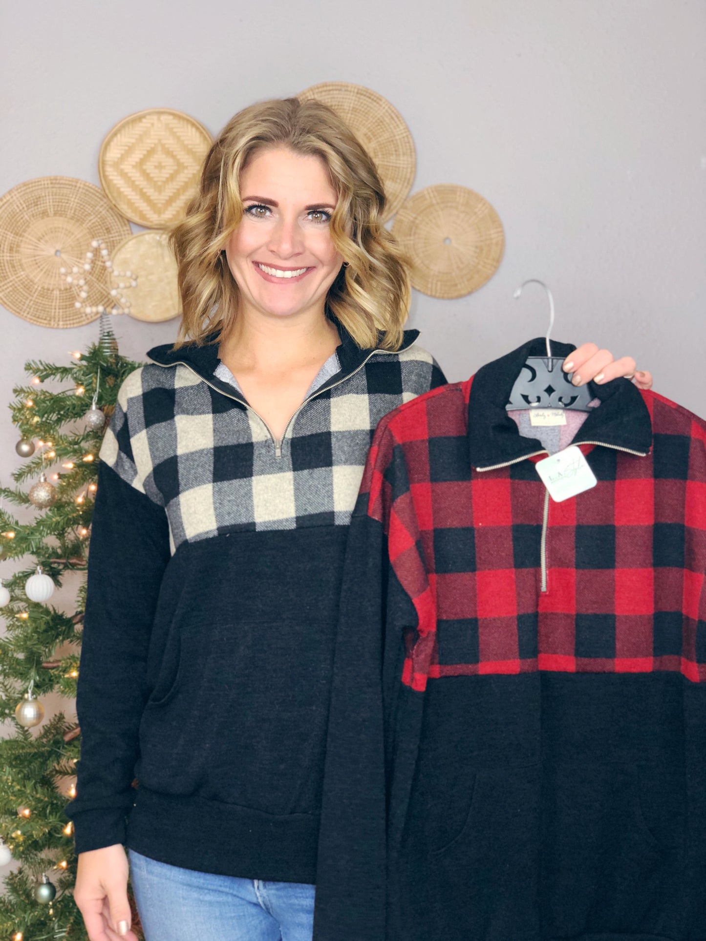 1/4 ZIP UP PLAID POCKET SWEATER