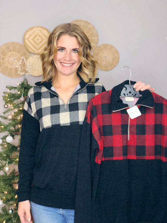 1/4 ZIP UP PLAID POCKET SWEATER