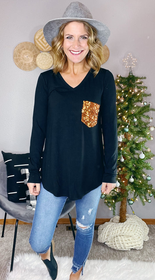 {BF} BLACK SEQUIN POCKET TOP