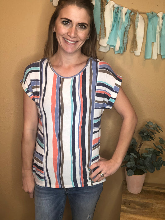 STRIPED TAB SLEEVE TOP