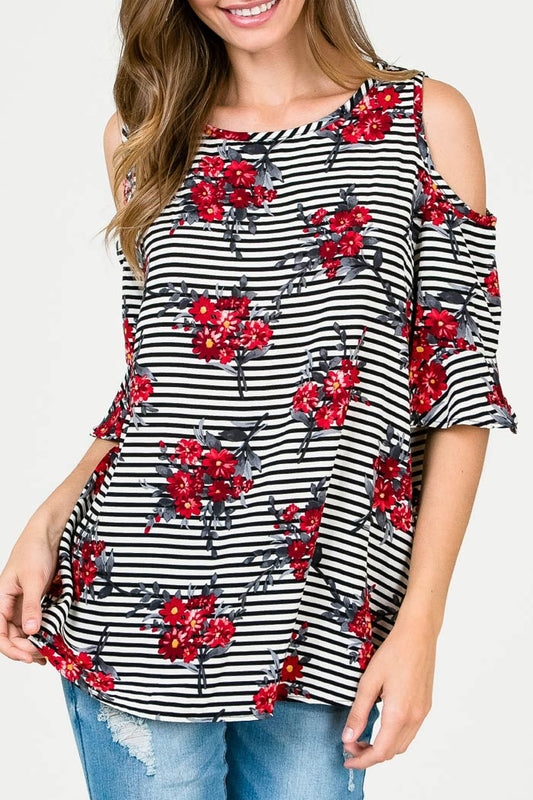 FLORAL PRINT COLD SHOULDER TOP