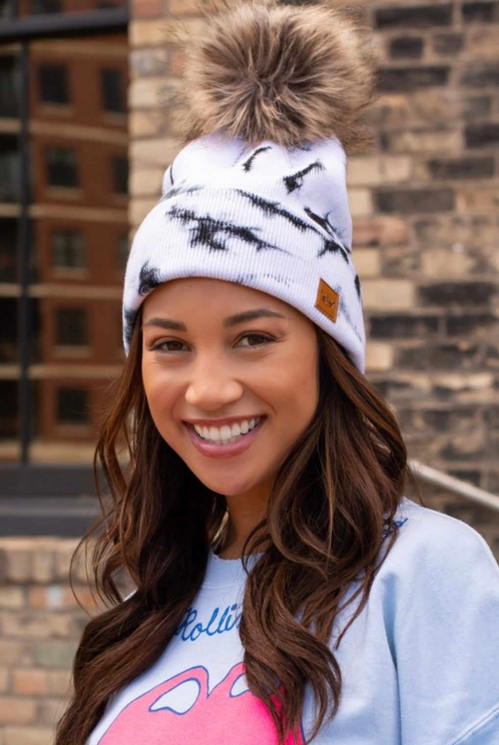 WHITE & BLACK TIE DYE KNIT HAT W/ FUR POM
