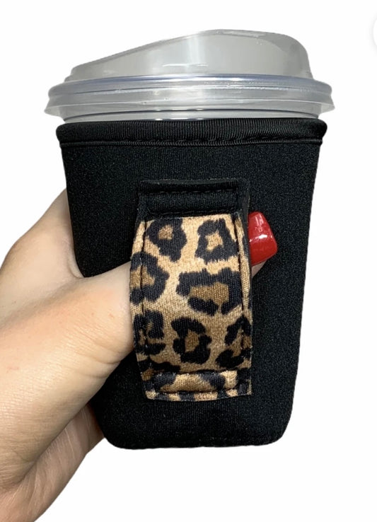 BLACK W/ LEOPARD SMALL AND MED COFFEE HANDLER
