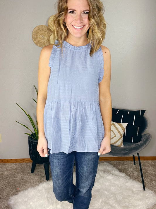 RUFFLE NECK PEPLUM BLUE TANK