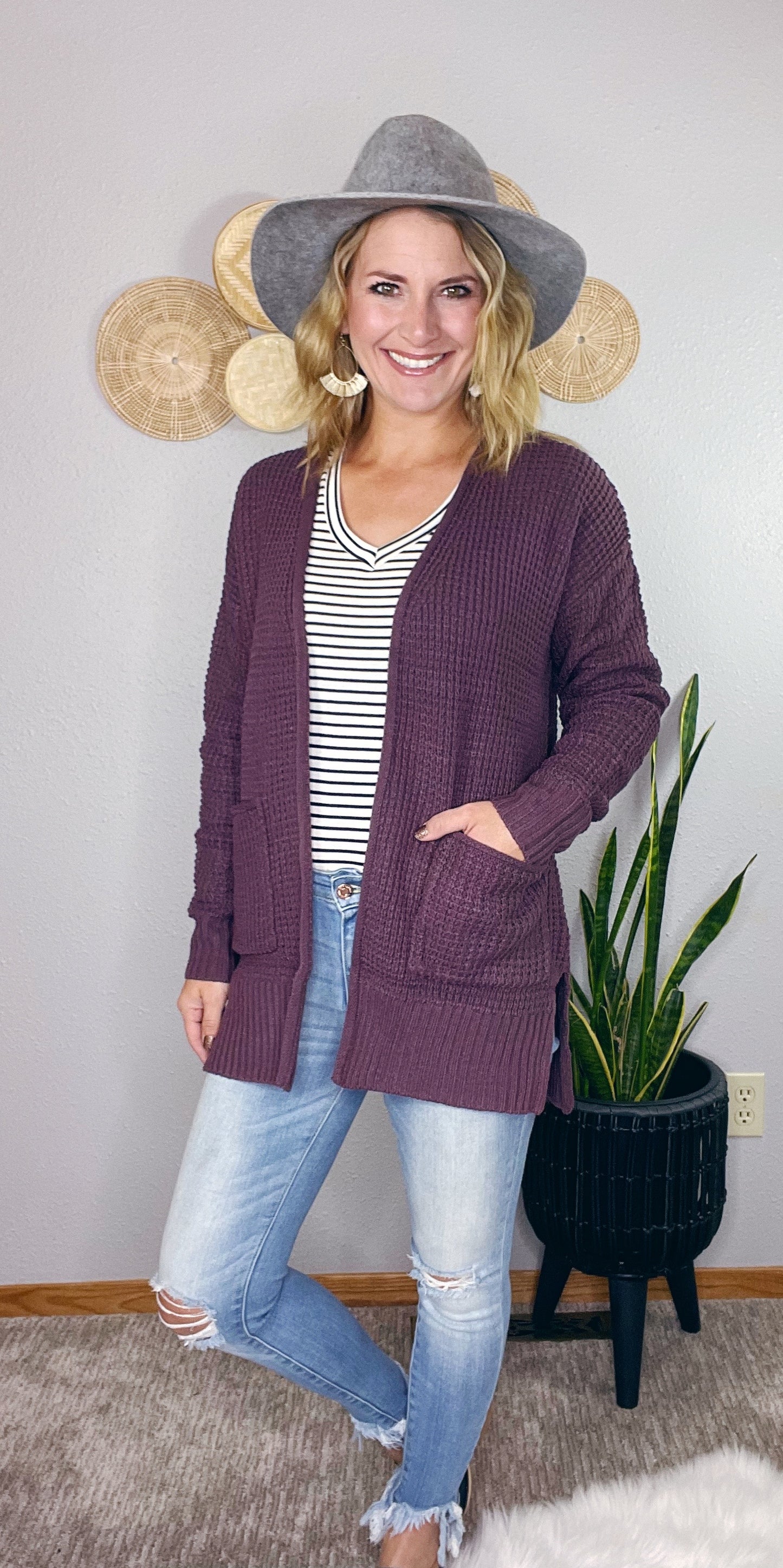 WAFFLE OPEN FRONT CARDIGAN W/ POCKETS