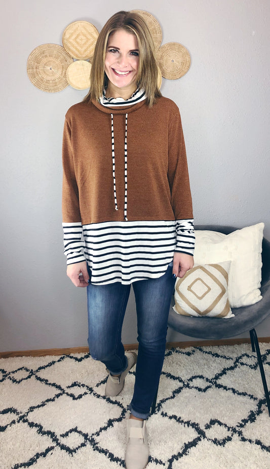 DOUBLE COWL NECK W/ STRIPE DETAIL