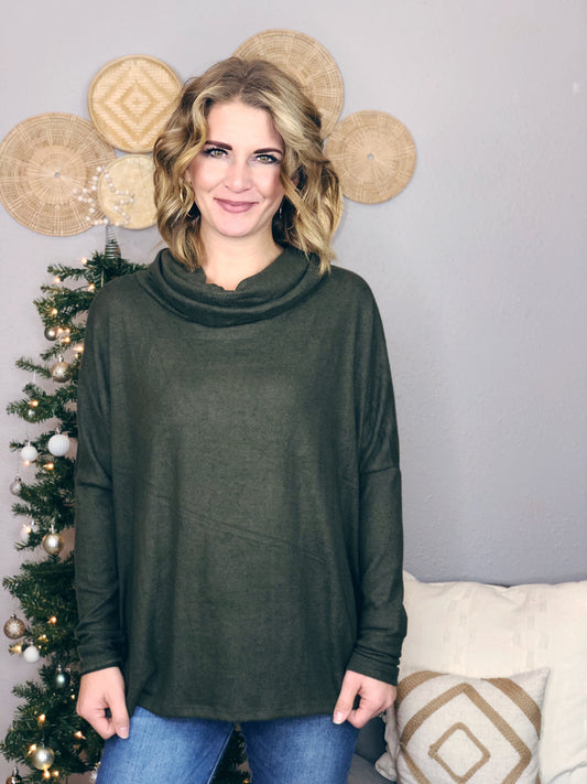 OLIVE COWL NECK LONG SLEEVE TOP