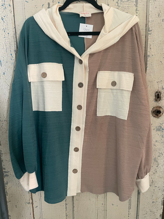 COLOR BLOCK TEAL SHACKET