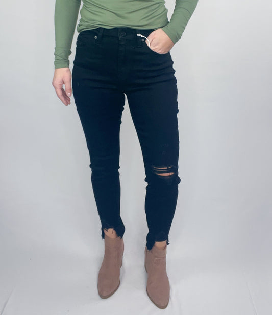 BLACK DISTRESSED BOTTOM KANCAN SKINNY JEAN