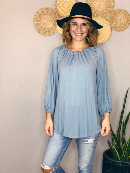 SOLID BLUE TOP WITH TIE NECK