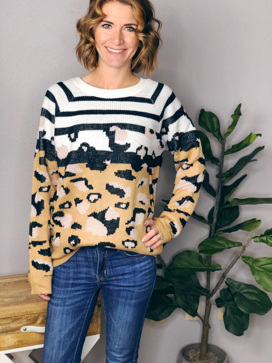 STRIPED LEOPARD PRINT SWEATER