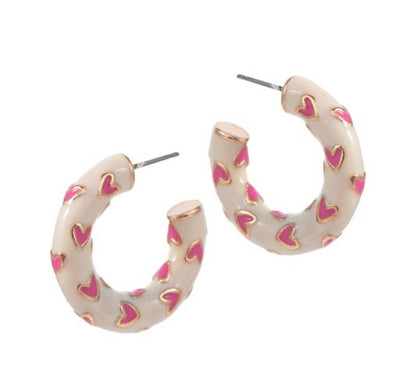 HEART PATTERNED ENAMEL HOOP EARRINGS