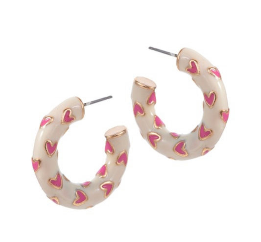 HEART PATTERNED ENAMEL HOOP EARRINGS