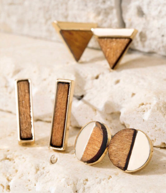 GEOMETRIC WOOD STUD EARRING SET