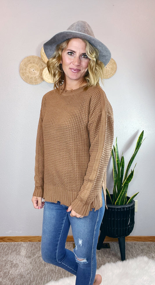 DISTRESSED ROUND NECK SIDE SLIT WAFFLE SWEATER
