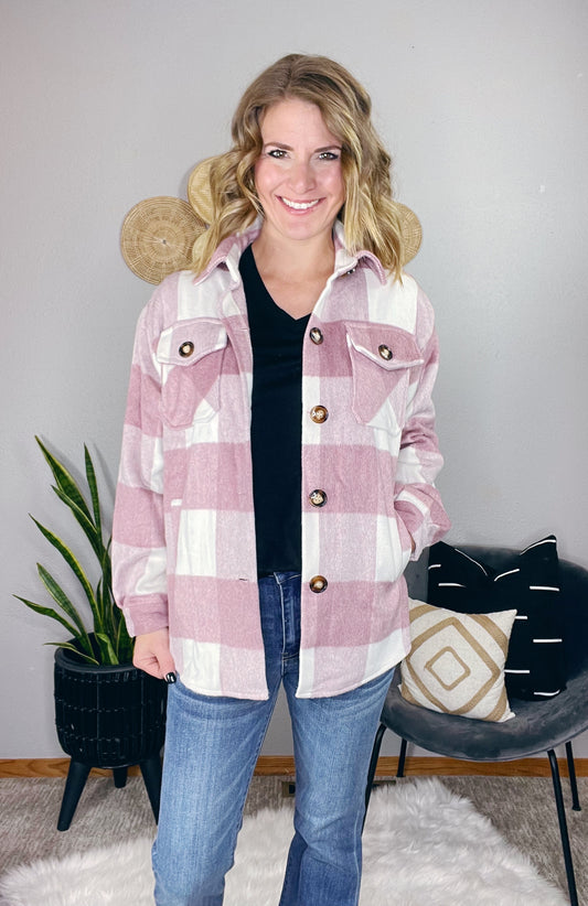 PLAID PINK BUTTON DOWN SHACKET