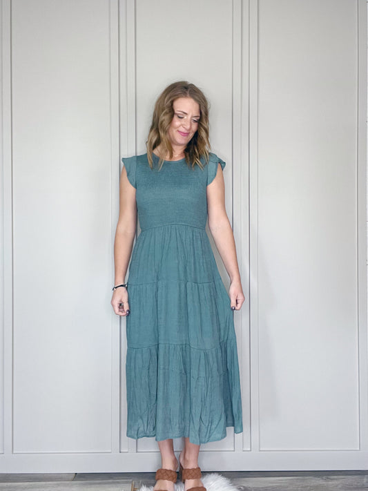 SMOCKED TIERED MIDI DRESS
