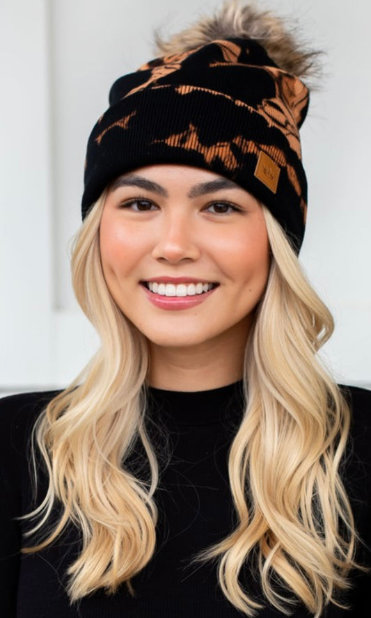 BLACK & BROWN TIE DYE KNIT HAT W/ FUR POM