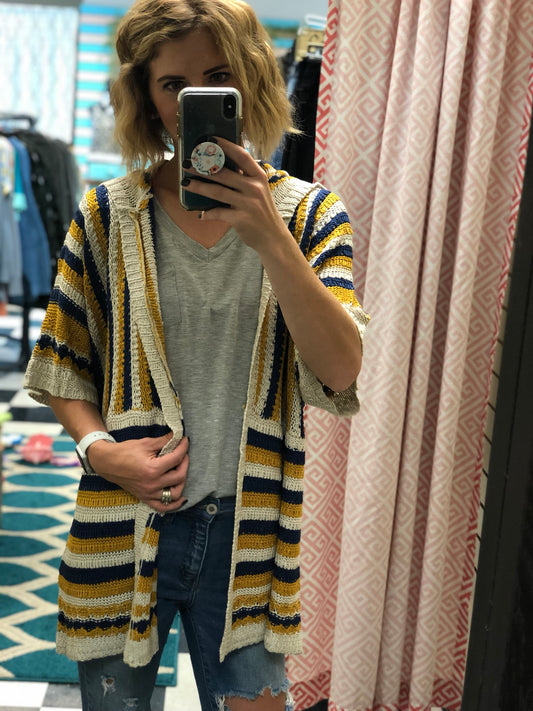 SHORT SLEEVE STRIPE CARDIGAN