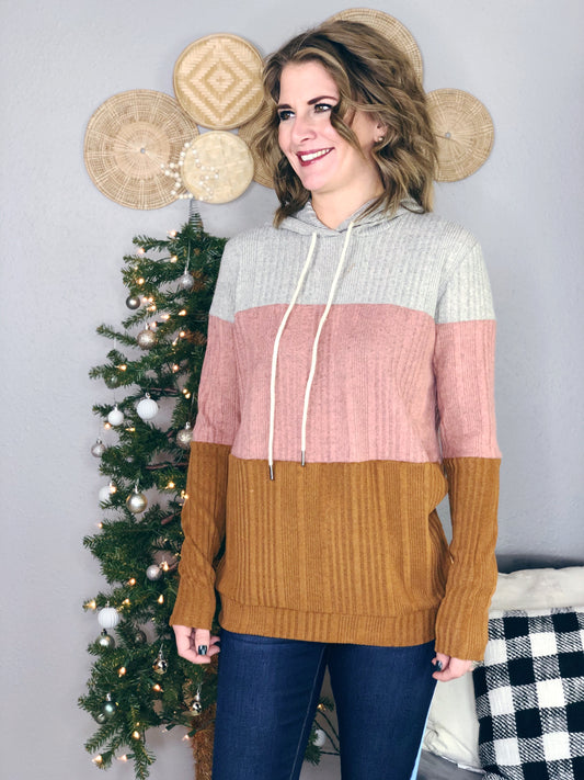 COLOR BLOCK RIB KNIT HOODIE