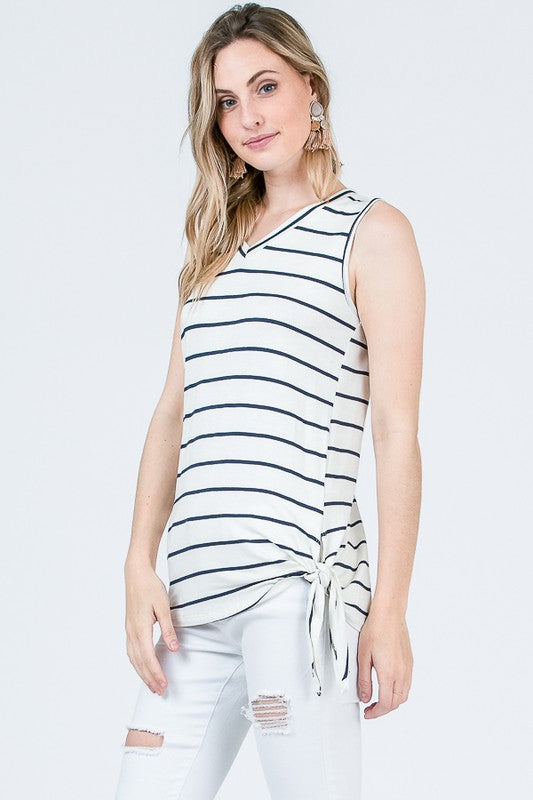 STRIPED V NECK SIDE KNOT TANK