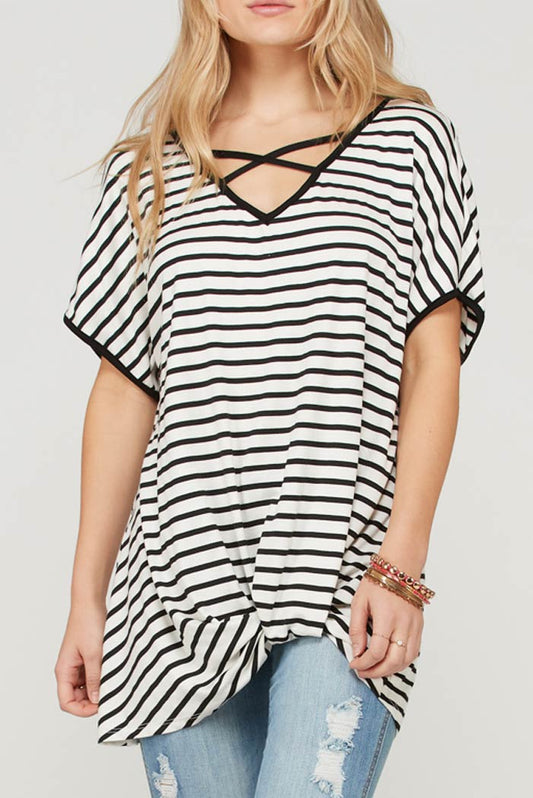 STRIPED TOP WITH RUCHED FRONT