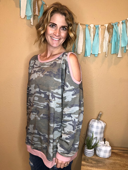 CAMO COLD SHOULDER SWEATER