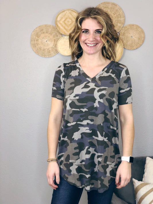 DUSTY CAMO V-NECK ROUND HEM