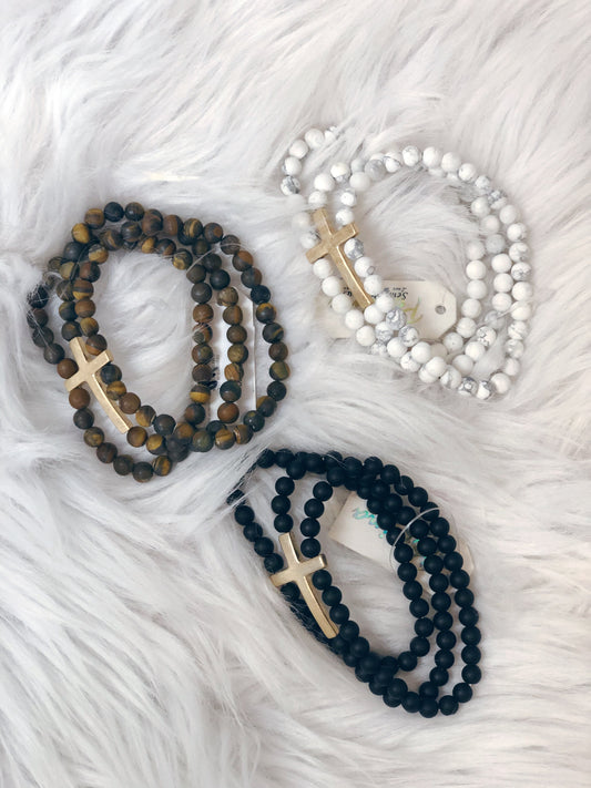 STONE BEAD W/ METAL CROSS BRACELET