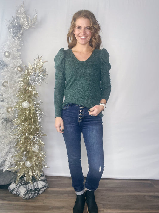 ELEGANT SOLID PUFF SHOULDER LONG SLEEVE