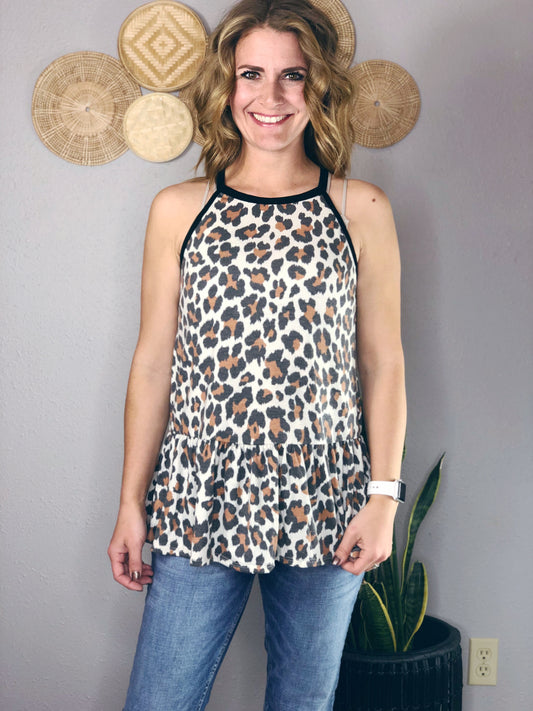 LEOPARD PRINT TANK W/ RUFFLE HEM