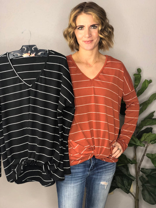 STRIPED V-NECK FRONT KNOT TOP