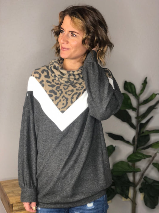 LEOPARD CHEVRON COWL NECK
