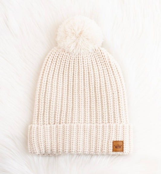 BEIGE SLOUCHY KNIT HAT W/ POM ACCENT