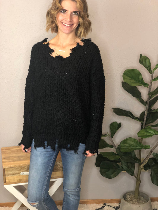 DISTRESSED FUZZY SWEATER