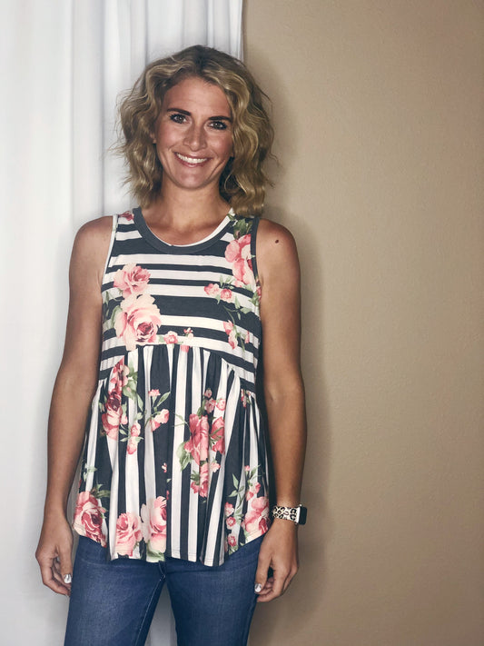STRIPE + FLORAL PEPLUM TANK