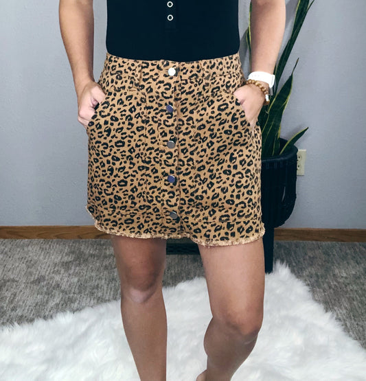 LEOPARD PRINT DENIM BUTTON FRONT SKIRT
