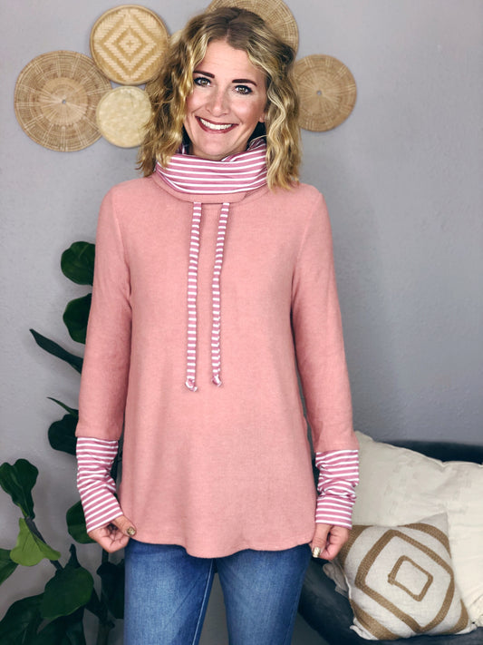 PINK STRIPE COWL NECK TOP