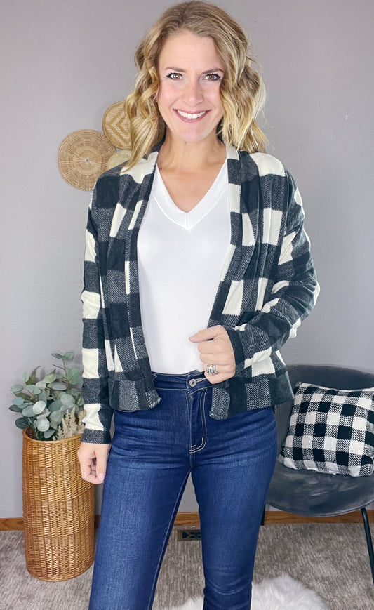PLAID CHECKERED BLAZER CUT CARDIGAN