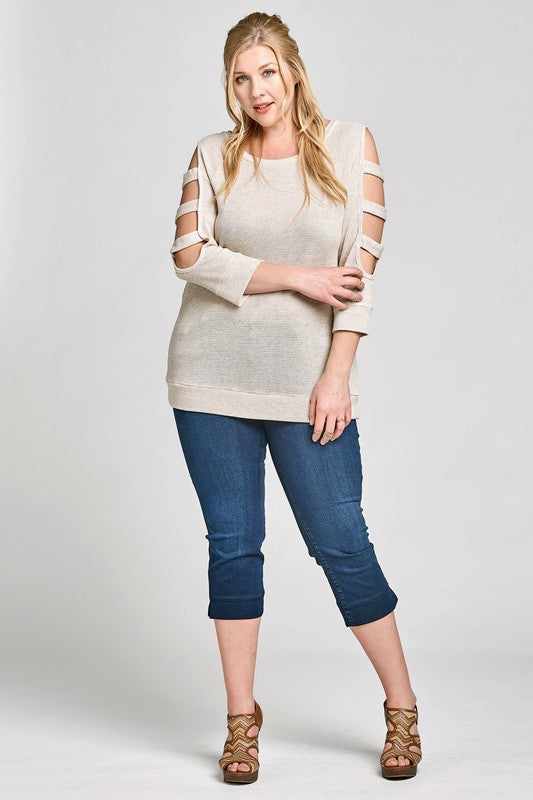 WAFFLE KNIT COLD SHOULDER TOP