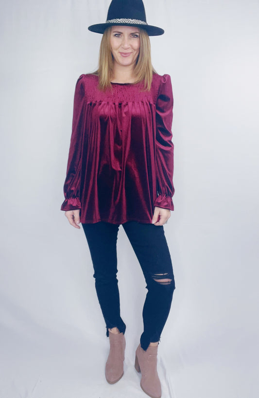 SMOCKING CRUSHED VELVET TOP